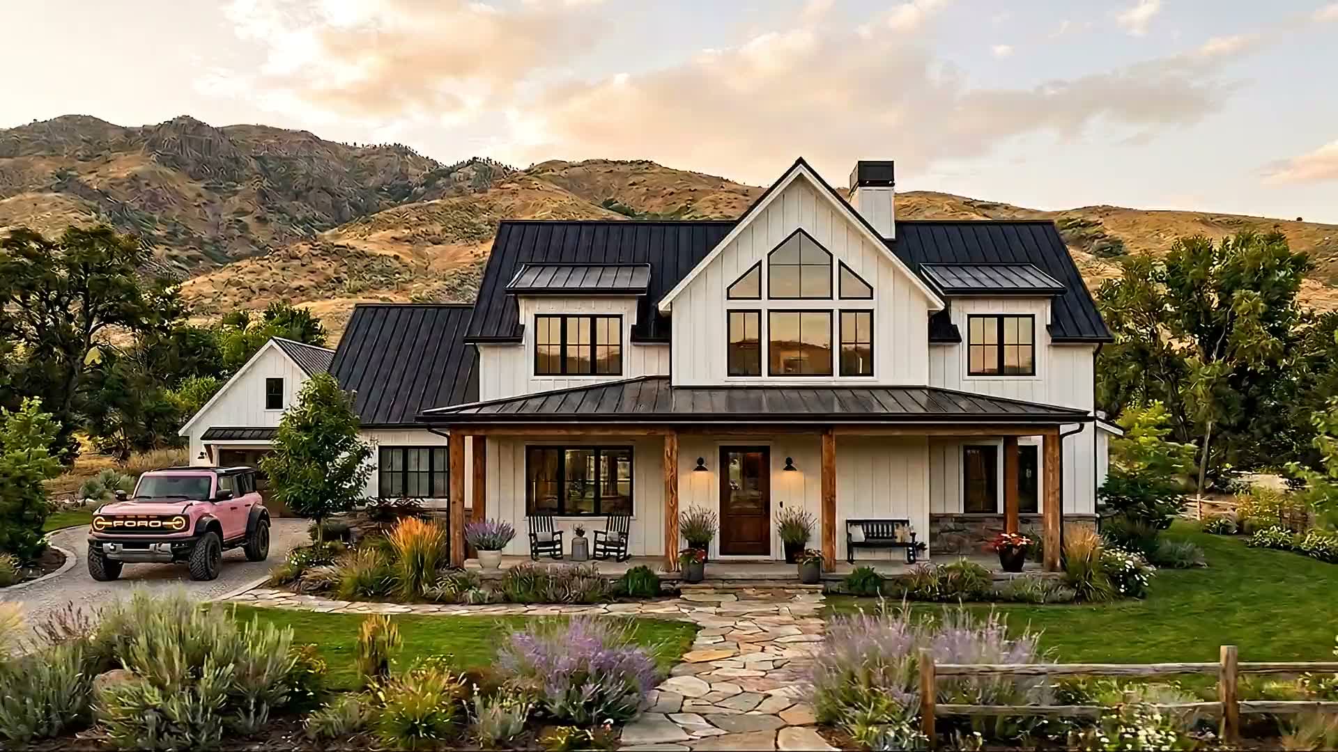 White farmhouse at golden hour in the Boise foothills